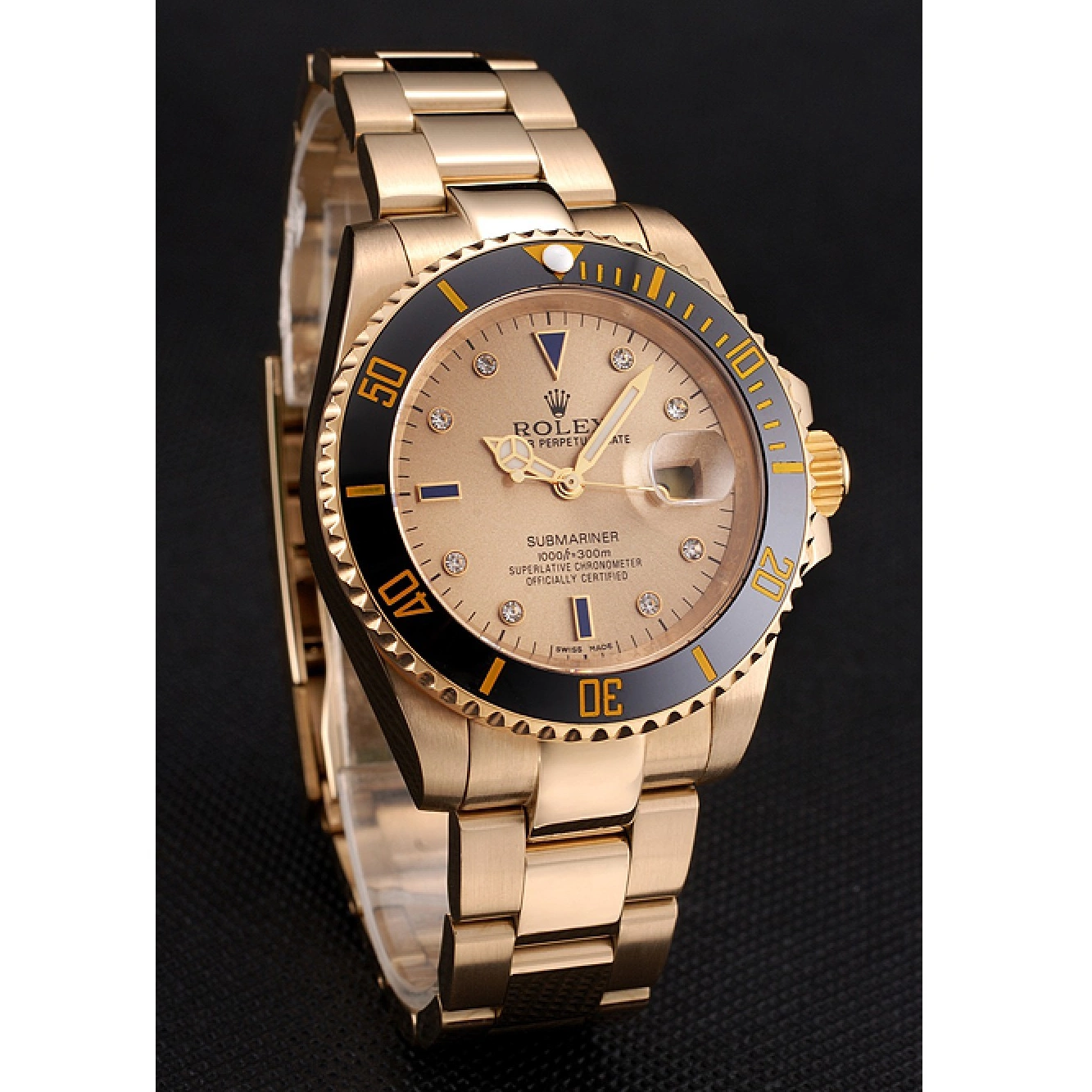MiroTime 0810 Swiss Rolex Submariner Gold Dial With Diamond Markings Black Bezel Yellow Gold Case And Bracelet